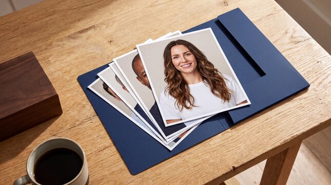 Talent Casting Setup, Professional casting folders and diverse actor headshots rest on an oak desk