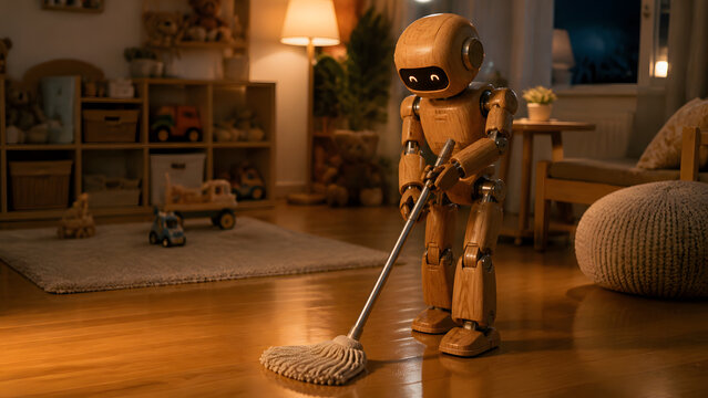 wooden humanoid robot mopping polished wooden floor inside cozy children playroom during warm evening light