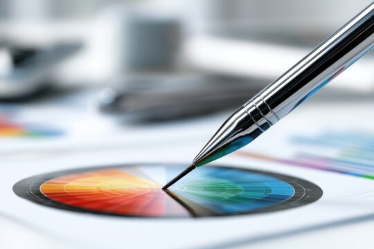 Pen pointing at vibrant circular color wheel on a desk surrounded by design papers and blurred office tools in the background