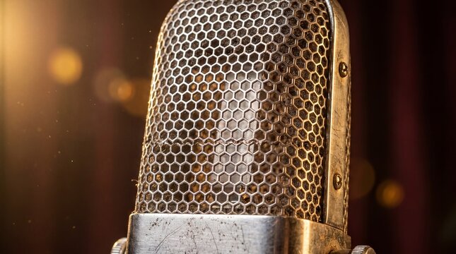 Vintage Ribbon Microphone, A detailed macro view of a classic vintage metal microphone grille