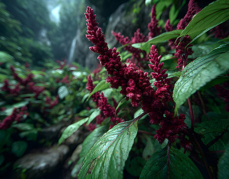 vivid red amaranthus and spinach thriving near a waterfall trail in coban pelangi