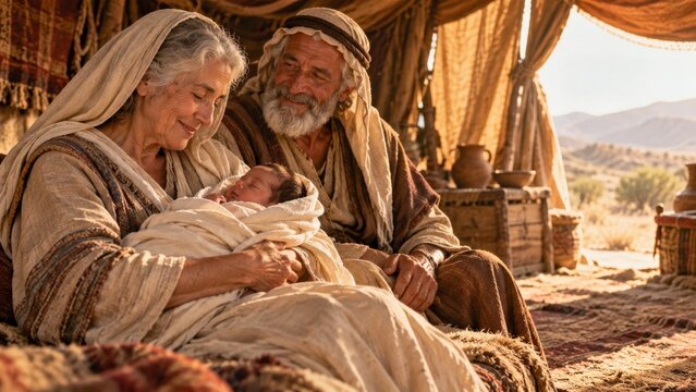 Sarah and Abraham with newborn Isaac in biblical family scene. Birth of Isaac, Old Testament story. Faith, family and parenthood. Ancient Near Eastern life and religious storytelling.