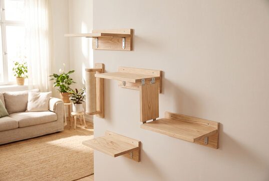 Modular cat climbing shelf on a neutral wall in a bright living room