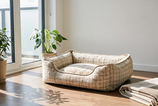 Washable pet bed beside a sunny window