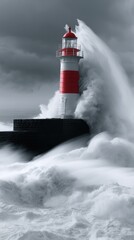 Fototapeta premium Dramatic storm waves crashing against a red and white lighthouse on a dark cloudy day by the sea creating powerful ocean spray and turbulent water motion