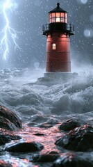 Fototapeta premium Stormy night with a glowing lighthouse standing tall amidst crashing waves and lightning illuminating the turbulent sea and rocky shore below