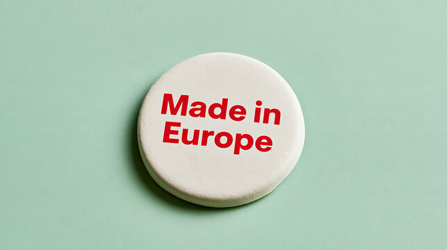 White round button badge with red text made in europe message placed centrally on a clean pastel green background surface top view