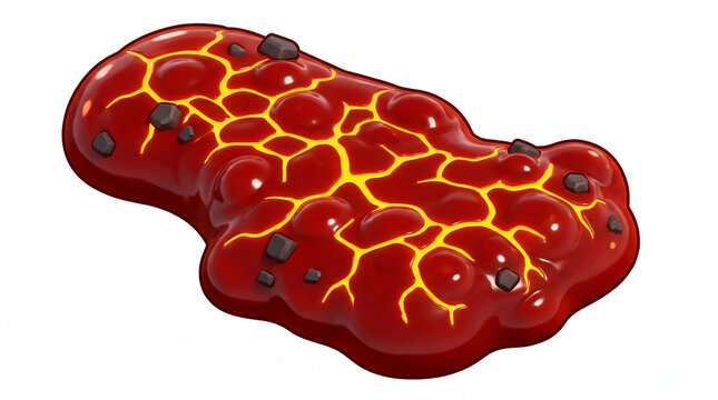 Stylized 3D rendering of hot molten magma puddle with glowing orange cracks and dark volcanic stones isolated on white