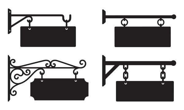 Set of four black and white hanging sign with different mounting brackets, including ornate scrollwork and simple metal chains, isolated on a white background, for signage