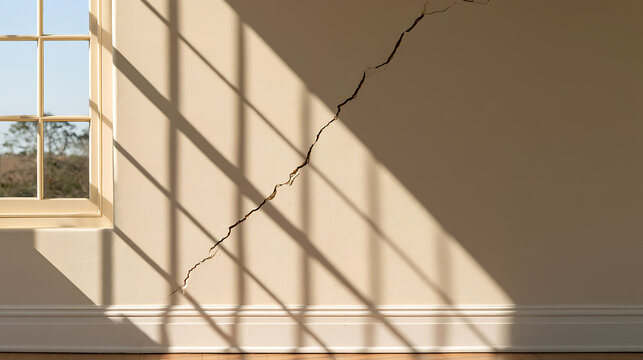 Large structural crack diagonal across a beige interior room wall with shadow cast by window frame during daylight, concept of home damage