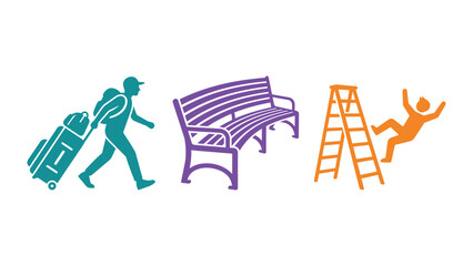 Travel and maintenance-themed vector icons showing a person with luggage a bench a person climbing a ladder suitcase illustration traveling person bench cartoon traveler © Dhriti Roy
