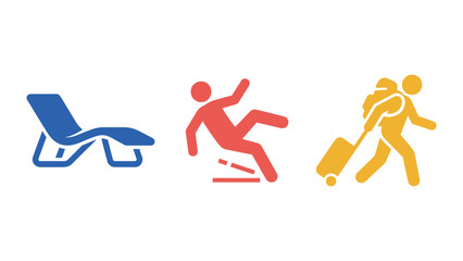 Laundry basket slipping person traveler with luggage vector icons for daily life and travel activities travel symbols cartoon laundry suitcase icon household chores travel theme graphics © Dhriti Roy
