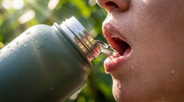 Refreshing Hydration, Crystal clear water flows from a sleek green bottle into an open mouth