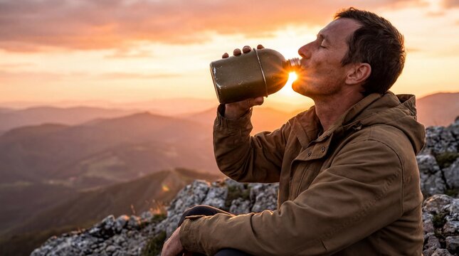 Alpine Hydration, A weary adventurer quenches thirst from a canteen atop a mountain peak