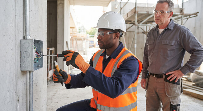 Electrician working on electrical panel with colleague observing on construction site