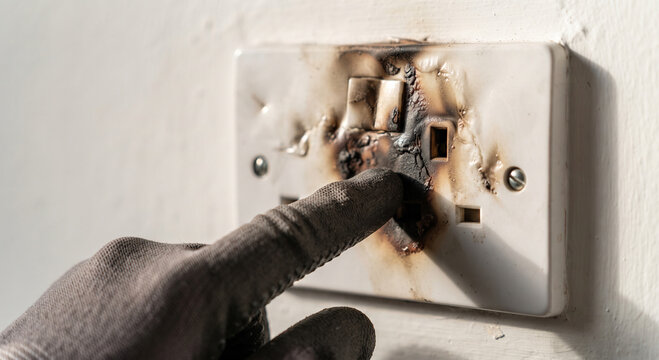 Close-up of a severely burnt and melted electrical wall socket and plug