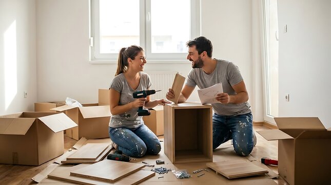 Happy couple assembling flat pack furniture together in their new