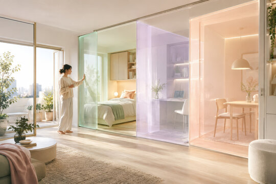 Resident Adjusting a Flexible Microhome Layout in Sunlight with Copy Space