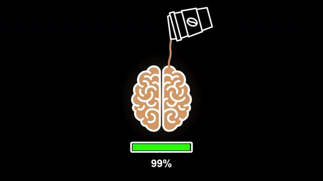 Minimal black and white line art motion graphic: a coffee cup tilts and pours a caramel coffee stream into a brain that fills from the bottom while a green loading bar and percentage counter progress