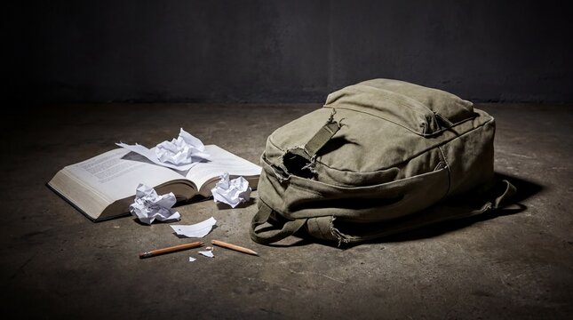 School Bullying Trauma, A torn school backpack and scattered books symbolize youth violence