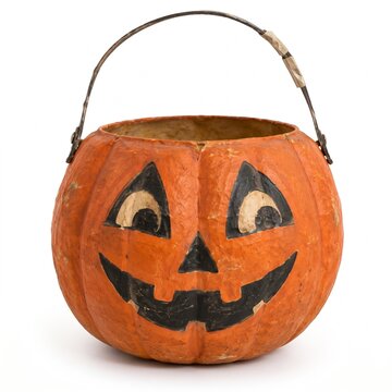 Vintage Halloween pumpkin candy bucket with jack o lantern face