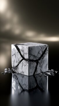 A cracked and fragmented marble cube with detailed texture sits on a reflective surface surrounded by scattered pieces in a moody, dark environment
