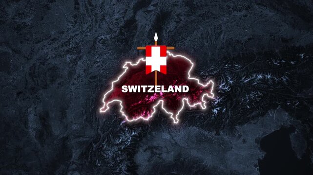 Switzerland map boundary glowing with national flag pin emblem zooming camera transition over dark digital stylized satellite earth globe background motion graphic