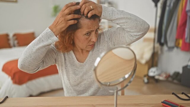 Middle age woman inspects scalp and parts thinning hair with fingers at mirror on dressing table in bedroom building; concern.