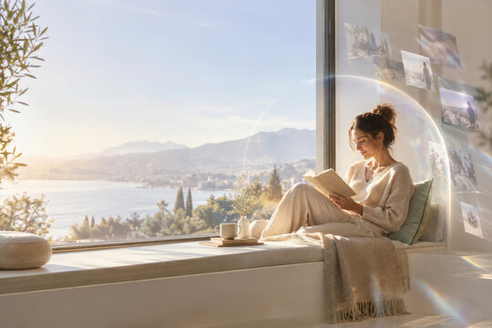 Reader in a Quiet Sunlit Focus Space with Generous Copy Space