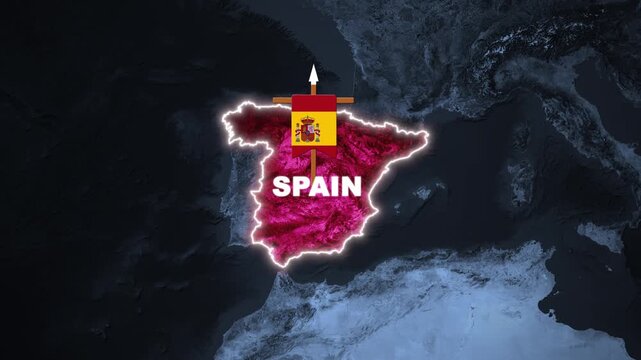 Spain map overlay featuring glowing pink country border with waving national flag banner over zooming dark 3D satellite earth terrain motion graphic