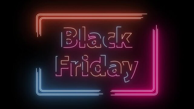 Neon black friday sign with glowing pink and blue text and a rectangular frame on a black background