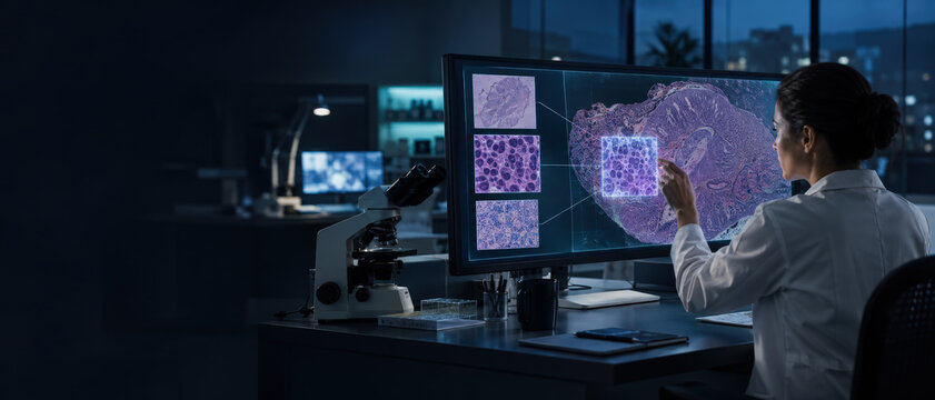Pathologist Examining Tissue Slides on Large Digital Displays with Copy Space