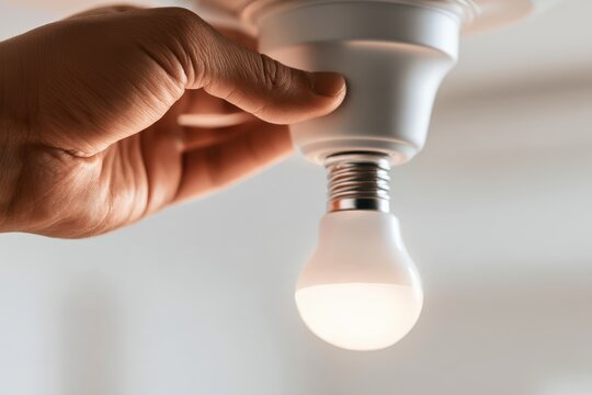 Hand installing or replacing an energy-efficient led bulb into a ceiling light fixture in a modern interior setting