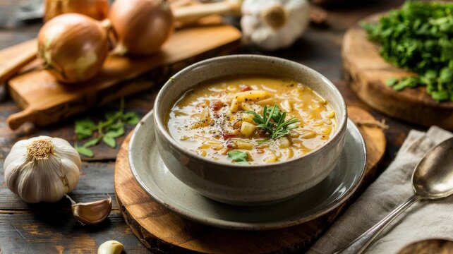 French cuisine. French Onion Soup. Onion soup made with meat broth, croutons, and melted cheese.
