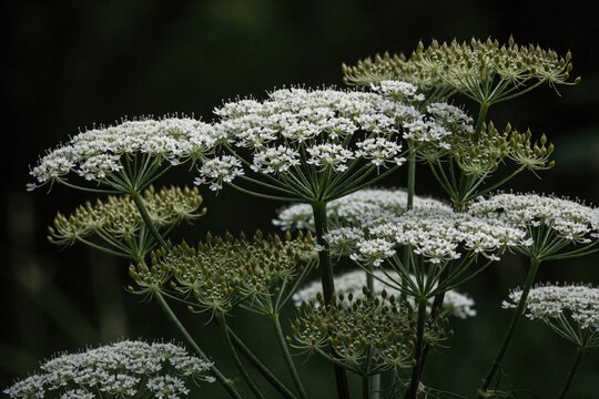 White caraway fennel flowers bloom in green meadow. Small wild umbellifer blossoms grow on tall stems in garden. Aromatic herb plant with delicate floral details attracts pollinators in summer