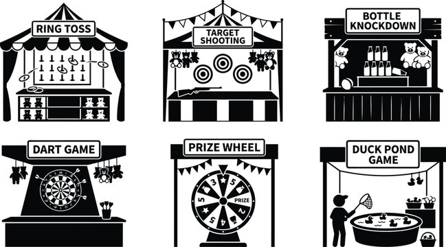 Carnival game stalls vector illustration featuring ring toss, shooting gallery, bottle knockdown and prize wheel
