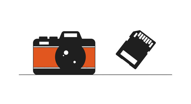 Minimalist Flat Vector Illustration of Vintage Orange Camera and SD Memory Card