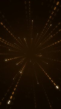 Vertical amber binary digits streaming from a dark tunnel toward the camera