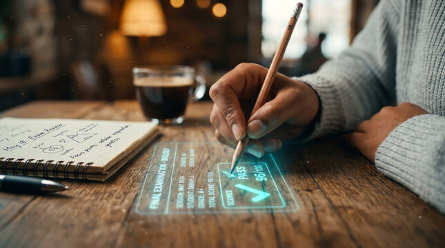 A person writing with a pencil on a rustic wooden table next to a notebook, a cup of coffee, and a glowing digital holographic interface displaying a passed examination result