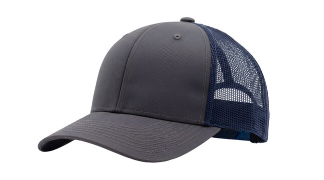 Dark grey and navy blue trucker baseball cap with mesh back