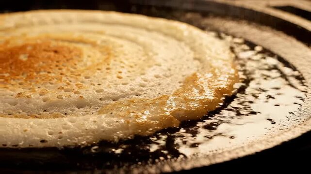 Crispy dosa cooking on hot griddle pan video footage. Traditional Indian food preparation process. Panning camera shot showing golden crispy crepe frying in oil