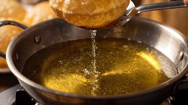 Large poori lifted with slotted spoon