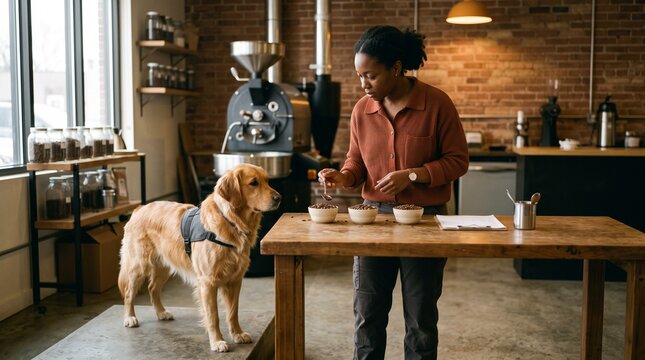Working dog begins coffee aroma check in roastery lab
