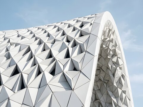 Futuristic architectural structure with a complex geometric triangular panel pattern against a clear sky