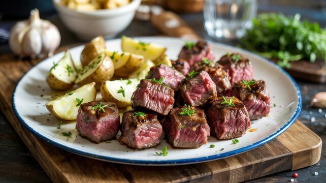 French cuisine. Garlic butter steak bites with potatoes. Cubes of beef steak fried in garlic butter and served with baked potatoes.