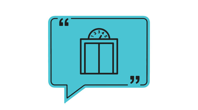 Vibrant cyan speech bubble icon featuring an elevator outline with black strokes inside studio lighting