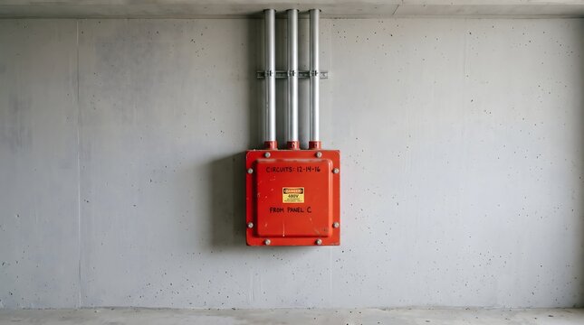A bright red industrial electrical junction box mounted on a smooth grey concrete wall, ideal for concepts of infrastructure, safety, and construction