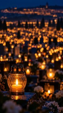 Glowing grave lanterns across cemetery at night for All Saints Day