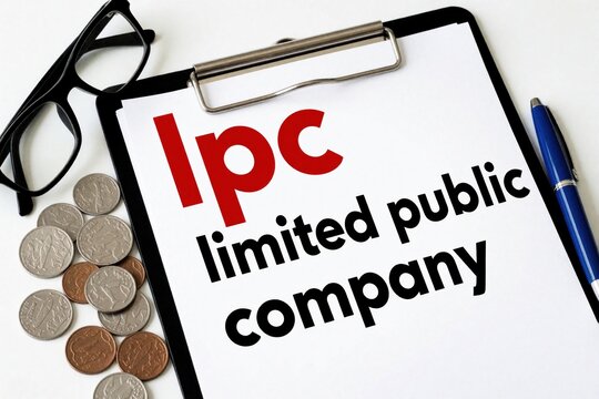Close up of clipboard with text limited public company, lpc acronym. Coins, glasses, pen lie on white surface near paper. Business concept about corporate law, finance, legal entity formation,