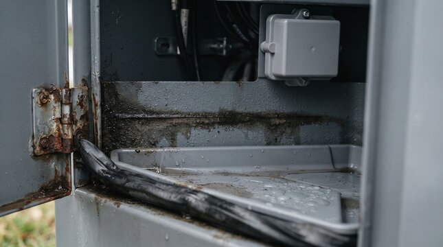 Water damage inside a curbside coax pedestal housing